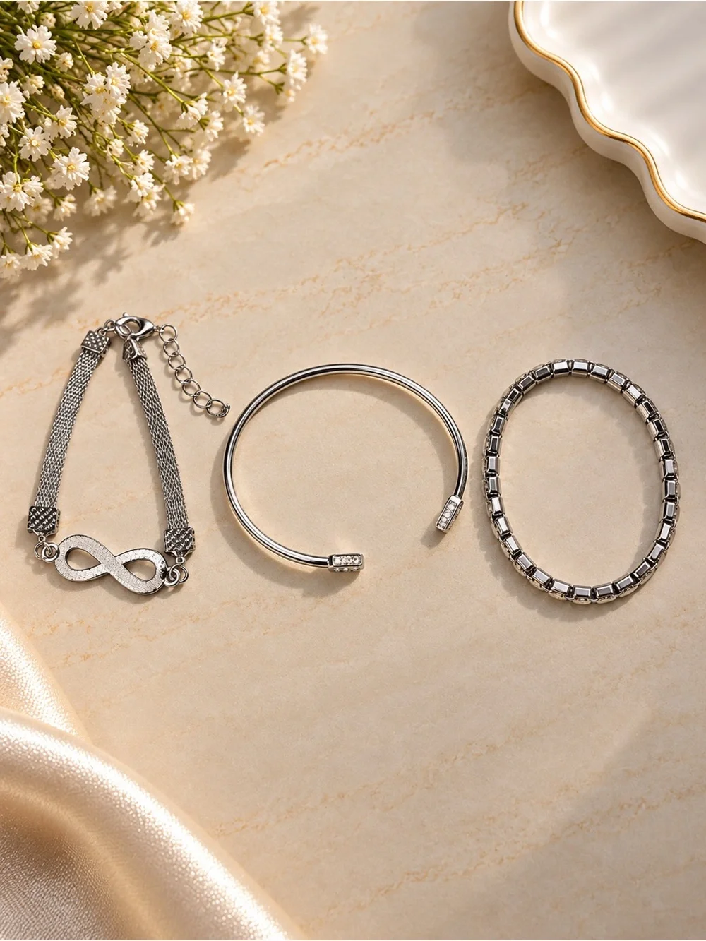 Silver Infinity & Cuff Bracelet Set - Women's Jewelry